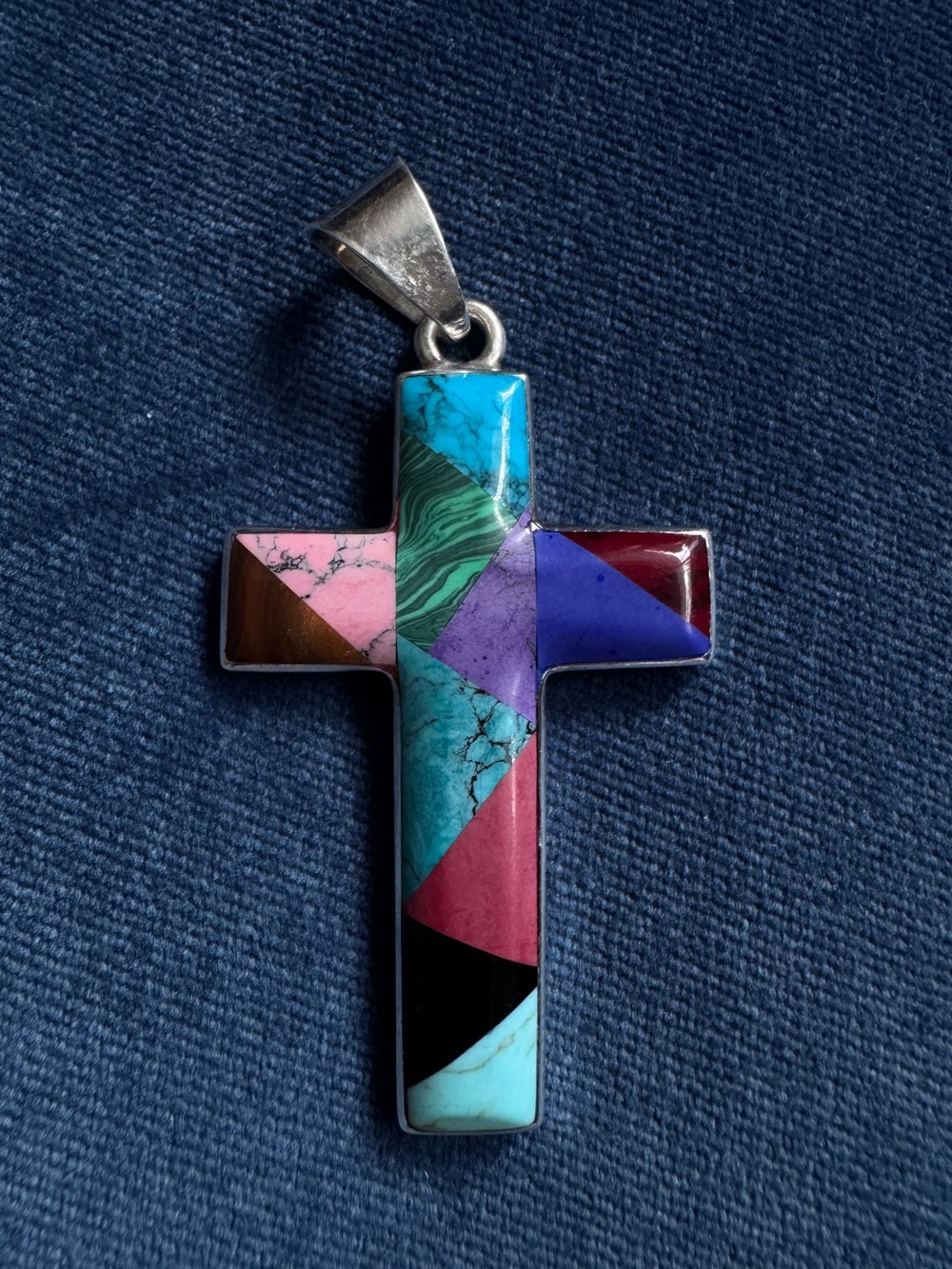 Vintage 925 Sterling‎ Silver Mexico multi-stone inlay cross pendant